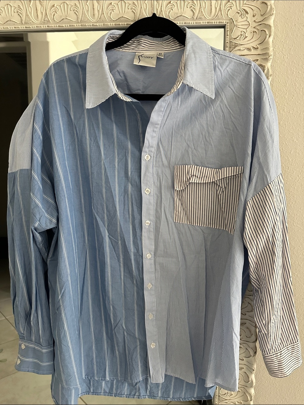 Finley Light Blue Mixed Stripe Patchwork Button-Down Shirt